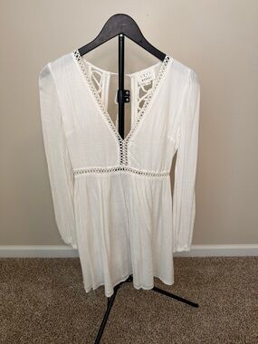 Lost + Wander White Lace Trim Crochet Mini Long Sleeve Dress